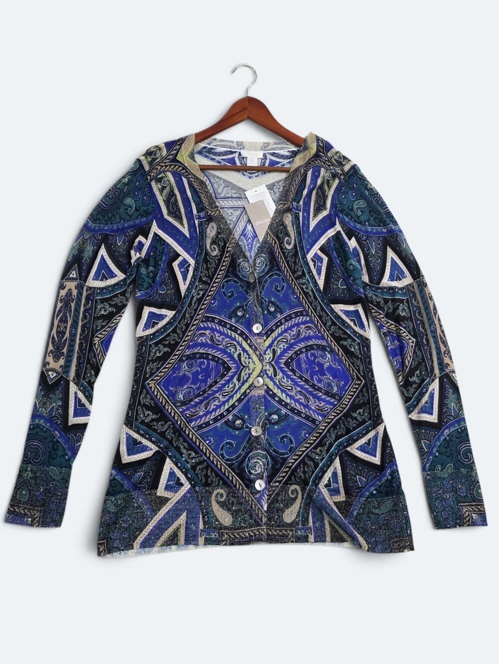 NWT Chico's Blue Paisley Tapestry Cardigan Sweater Size 1 Fits US Medium 8 10